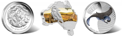 June 2013 Australian Silver Coins Depicting Dragon, Kookaburra and Manta Ray June 2013 Australian Silver Coins Depicting Dragon, Kookaburra and Manta Ray